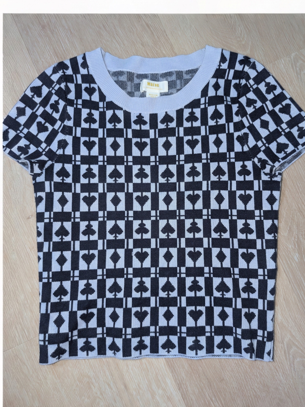 Maeve Anthropologie Shrunken Sweater Tee Playing Card Suits Black White M